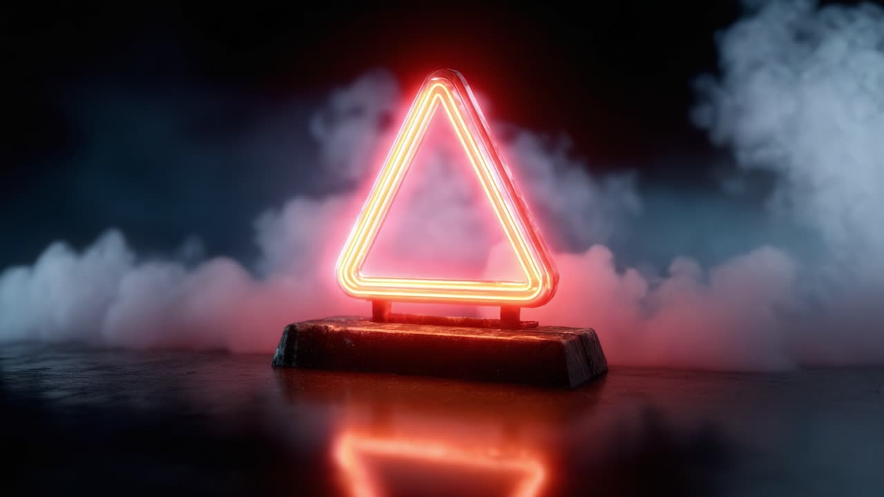 Illuminated Neon Triangle Sign Surrounded by Mystical Smoke, Capturing an Atmospheric Essence in a Dark Setting with Glowing Red Color and Eerie Vibes