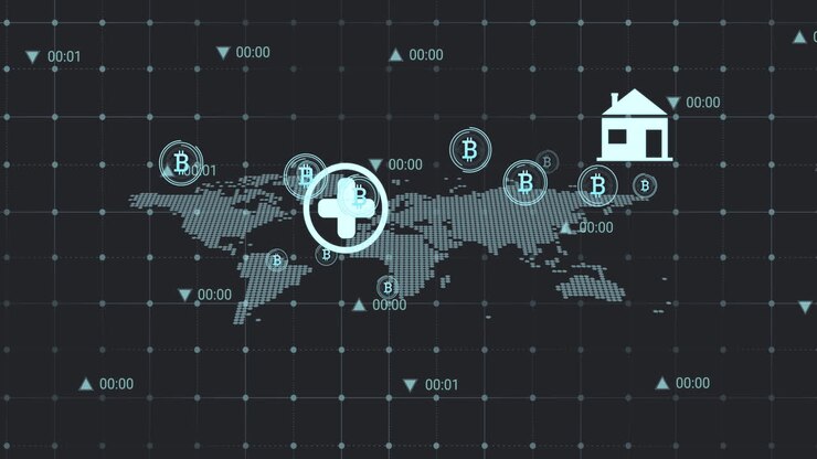 Animation of data processing over bitcoin symbols