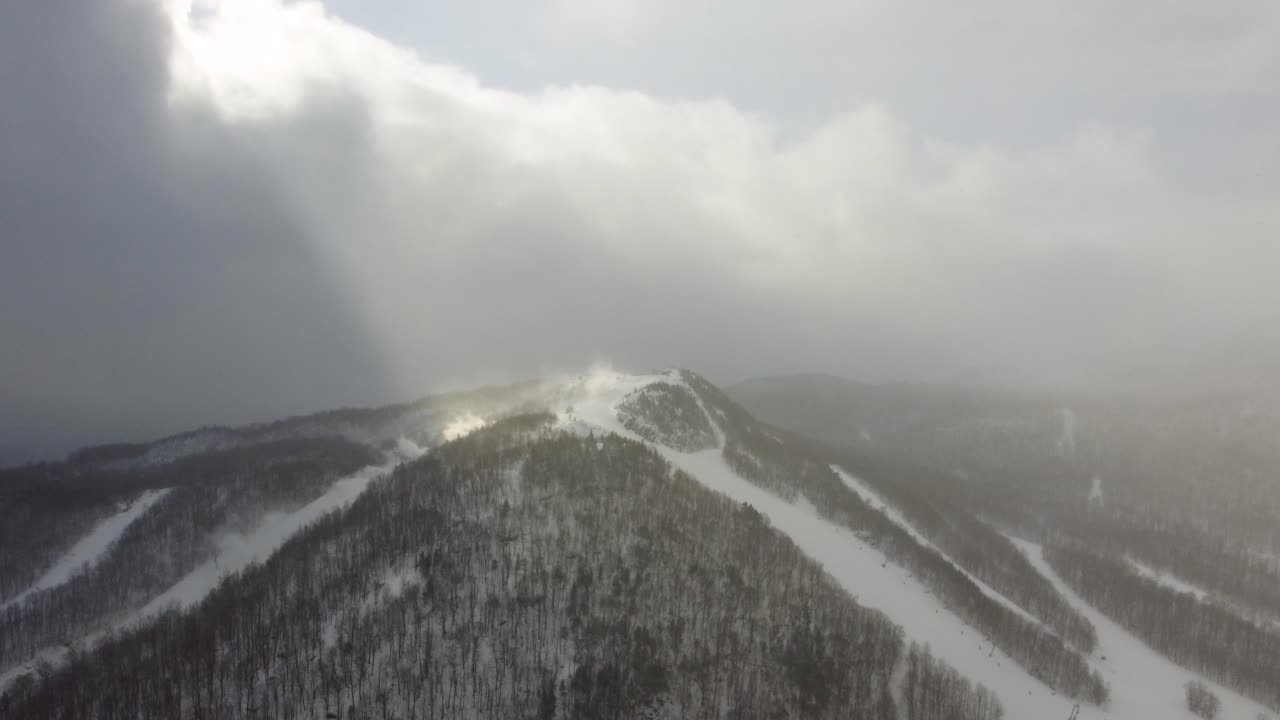 Mountain peak in sunshine and covered with snow, white ground and forest, sunny weather on top in Canadam, copy space