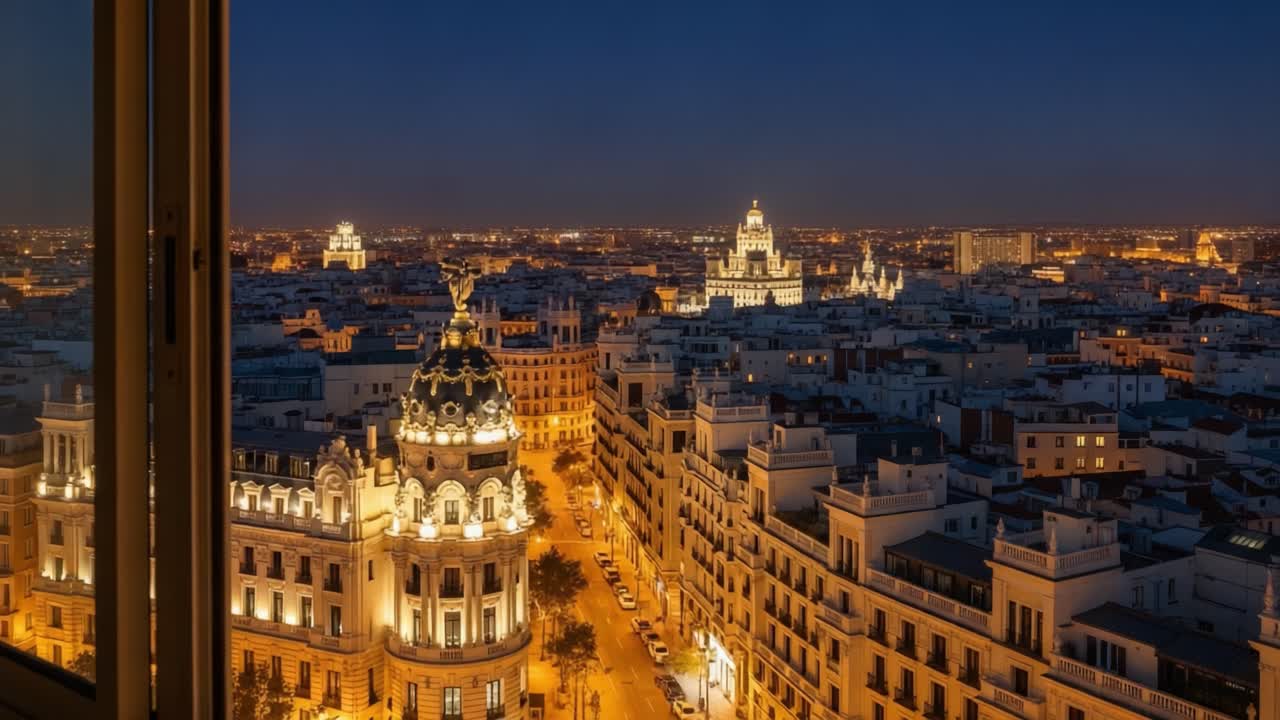 Splendida vista notturna del panorama urbano di Madrid