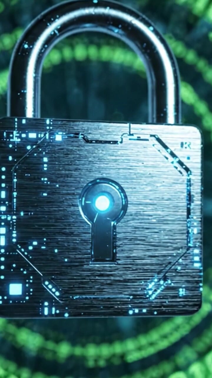 Un lucchetto digitale futuristico circondato da codice binario, che simboleggia sicurezza avanzata e crittografia nella tecnologia informatica con un focus sulla protezione dei dati