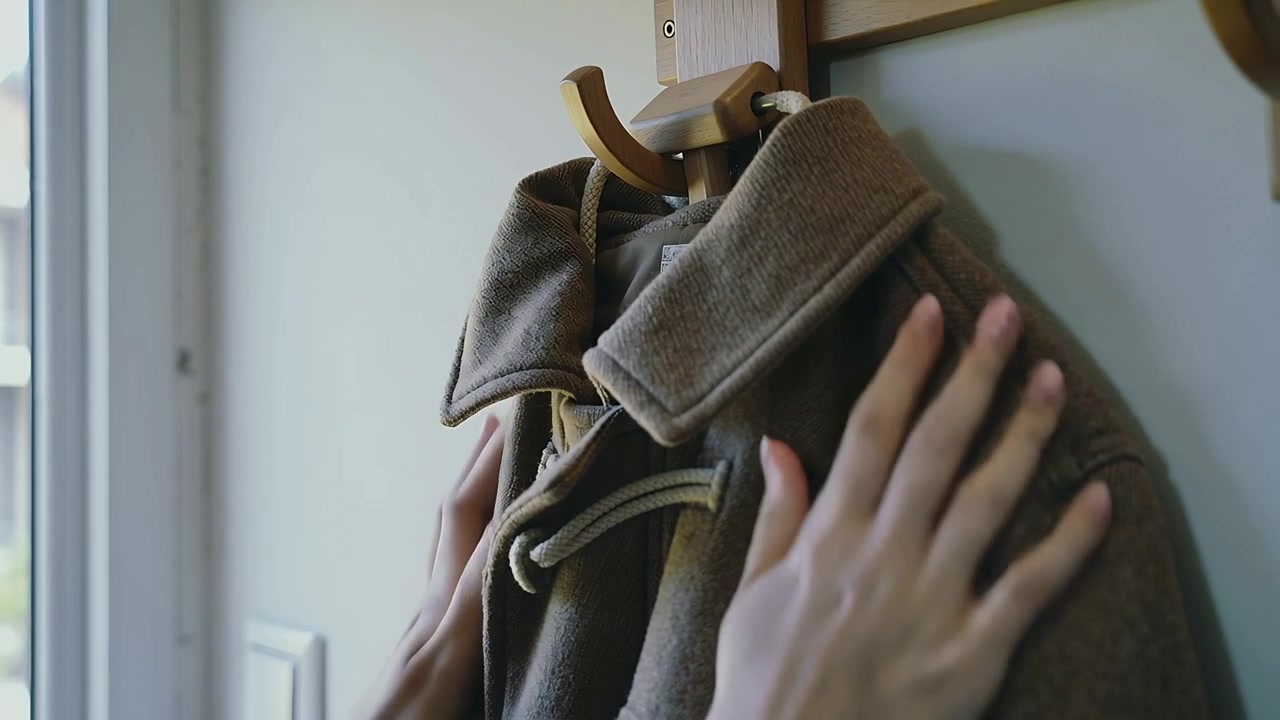 Mani che posizionano un duffle coat marrone su un gancio a muro in casa, sistemando il colletto con una gruccia di legno