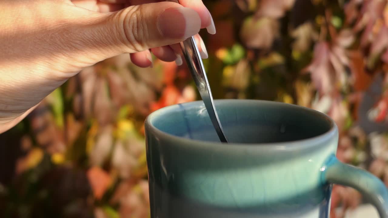 Woman stirring hot drink at autumn, tea cup with fall leaves at background