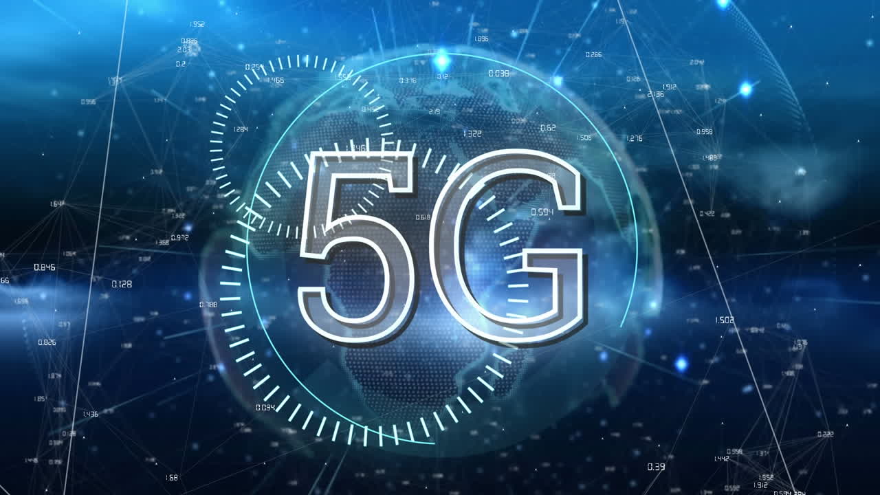 animazione di testo 5g, globo e icone con rete di connessioni