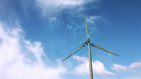 animation of globe and data processing over wind turbine