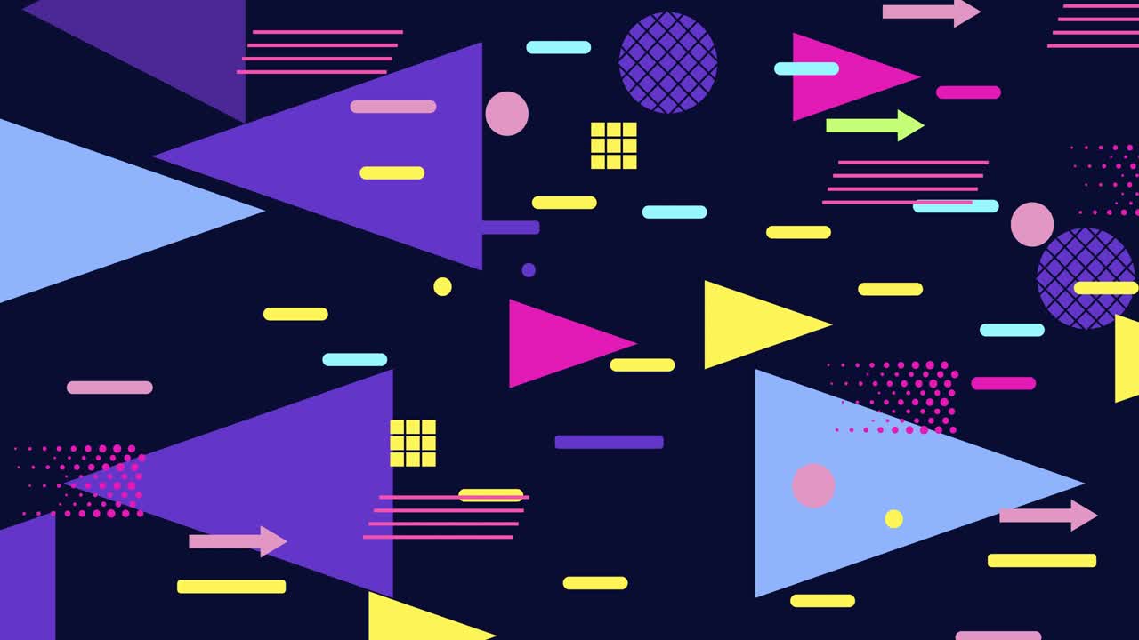 figuras geométricas en el estilo de los años 80, vuelo de la geometría. fondo abstracto animado. composición horizontal, calidad de video 4k