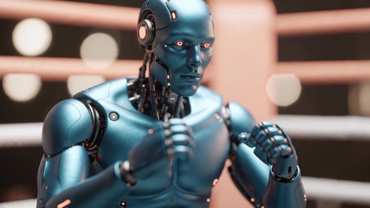 Mavi insansı bir robot, ringde oturur pozisyondan dövüş pozisyonuna geçerken gelişmiş tasarımını ve özelliklerini sergileyerek bir boks maçına hazırlanıyor.
