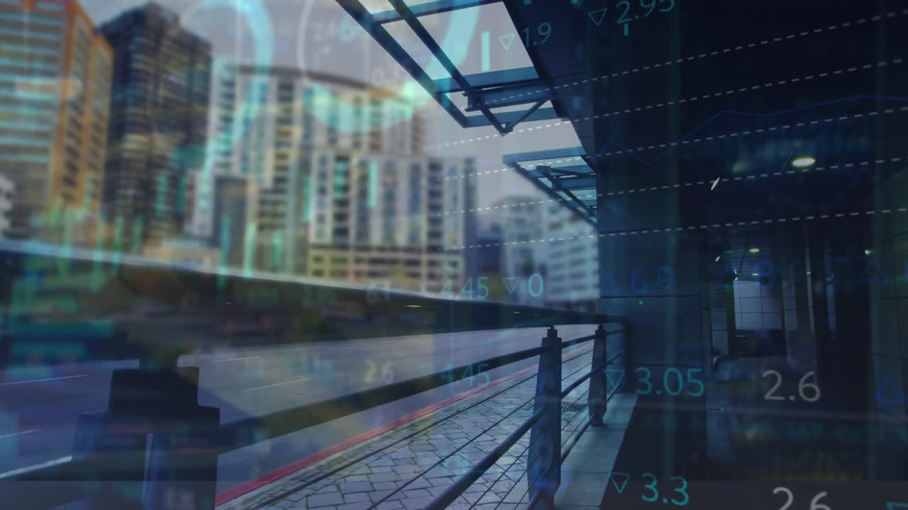 Animation of financial data processing over cityscape