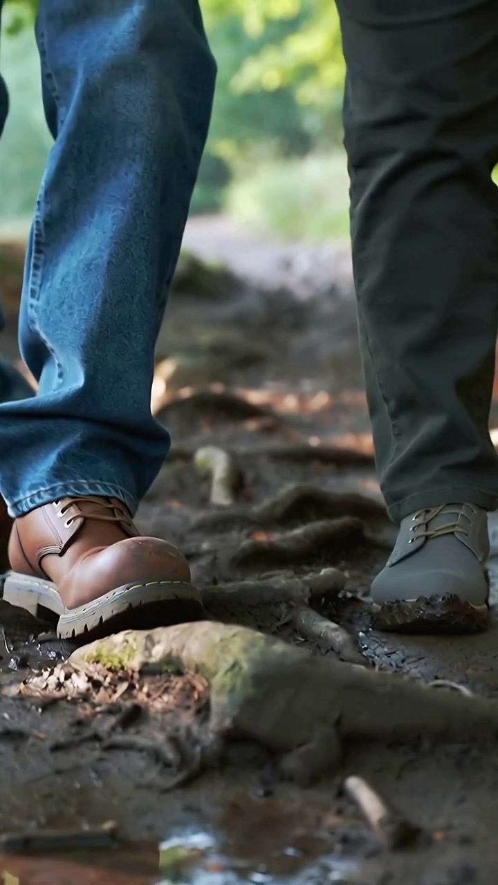 Video verticale: Due piedi che calpestano radici verso una radura illuminata dal sole, jeans, stivali e scarpe da trekking