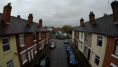 aerial footage of oldfield street in one of stoke on trents poorer areas, terrace housing, poverty and urban decline