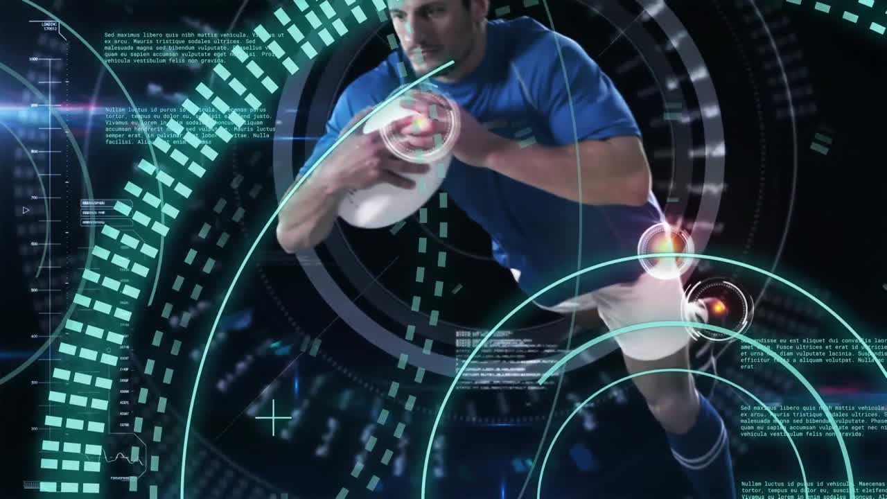 백인 남성 럭비 선수에 대한 데이터 처리 및 범위 스캐닝의 애니메이션