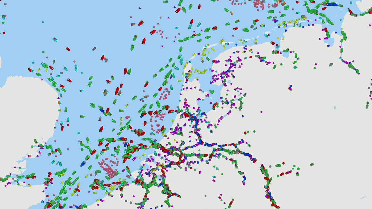 Rotterdams hamn, Nordsjön. Detaljerad digital karta över fartygsspårningsdata och sjötrafik i Nordsjön, globala handelsrutter, oljetankerlogistik, energidistribution, geopolitik.