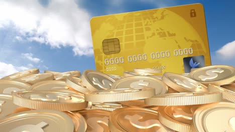 Animation-of-credit-card-and-stack-of-gold-dollar-coins-over-sky