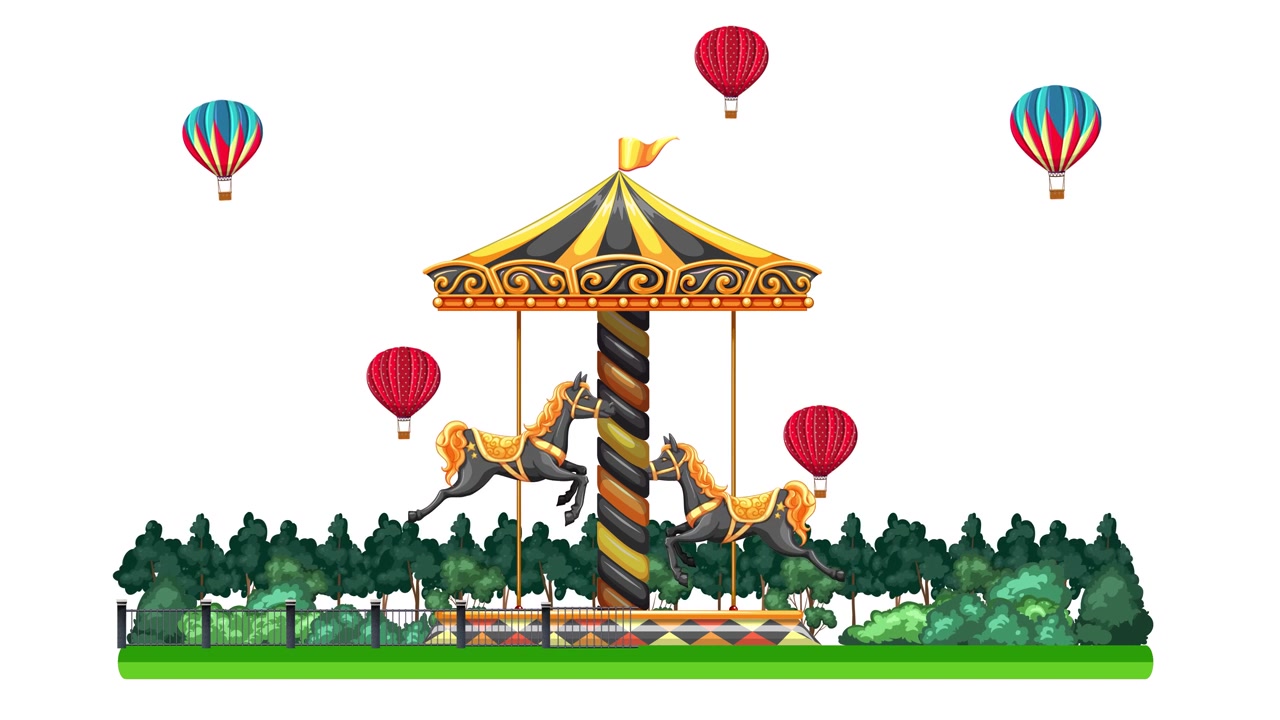 A vintage carousel rotates in a park while colorful hot air balloons float above trees