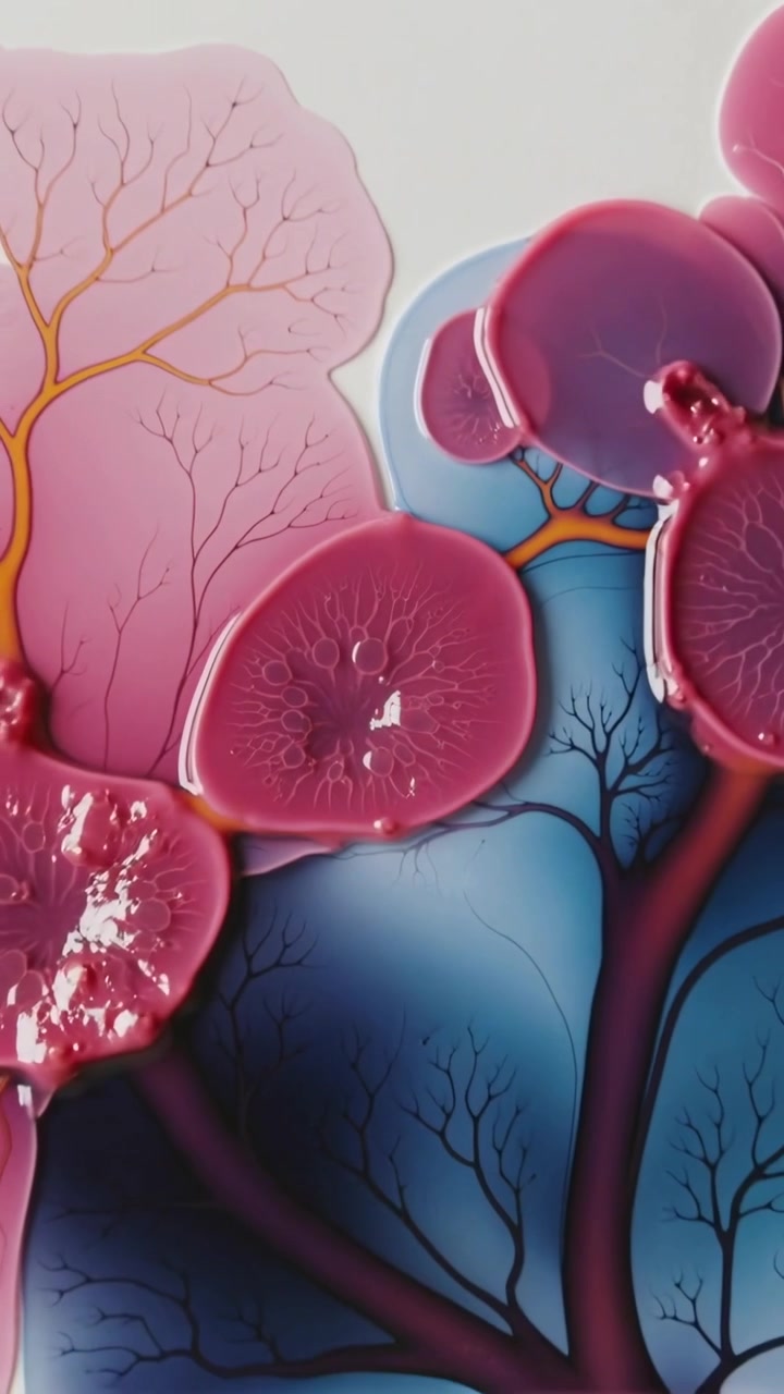Vertical video: Dropping pink paint forming glossy cells on tray, creating blue-orange coral shapes