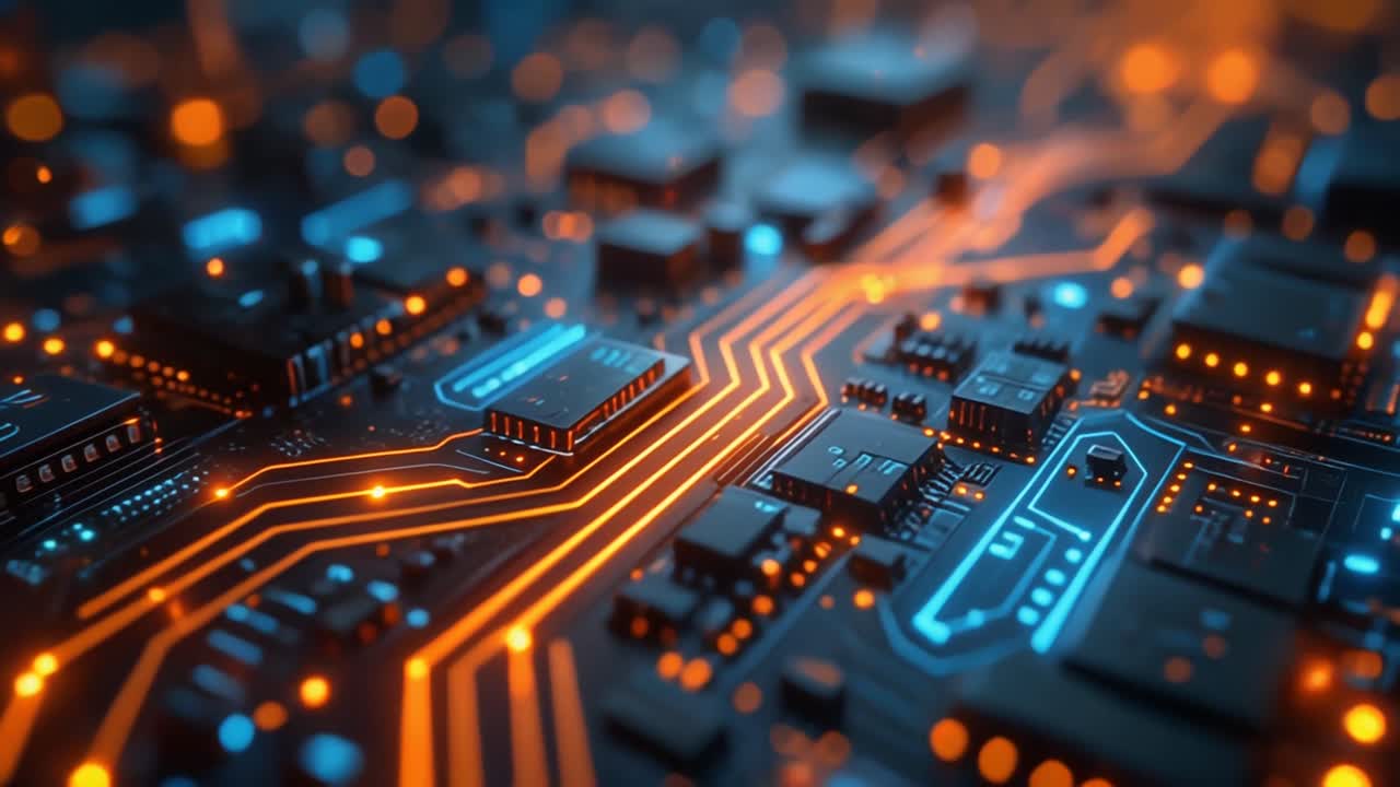 Digital Circuit Board with Glowing Orange and Blue Traces