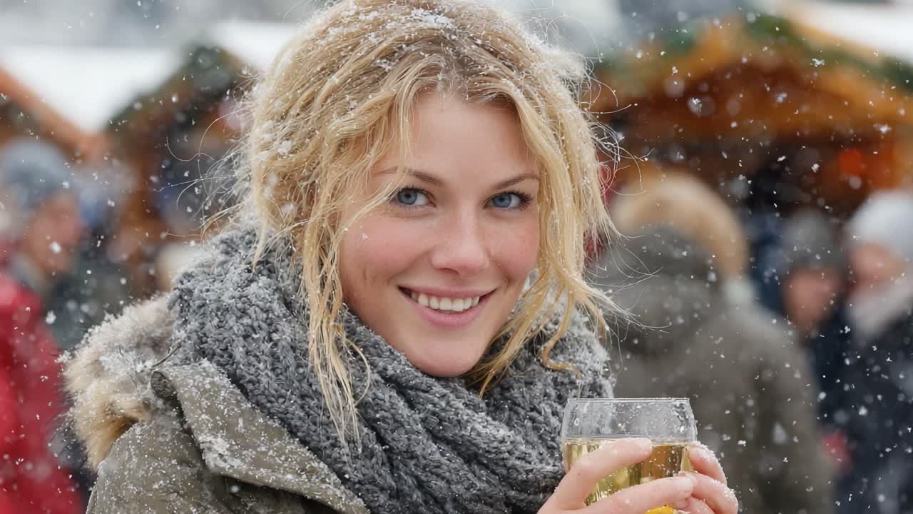 Glædelig vinterfest: En smilende ung kvinde nyder et glas forfriskende drik midt i de sneklædte festligheder på et hyggeligt julemarked