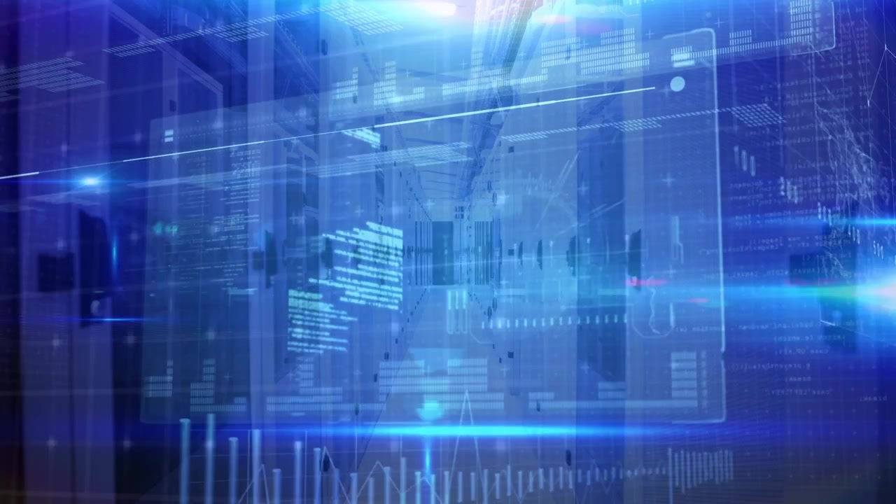 Animation of data processing and lights over servers