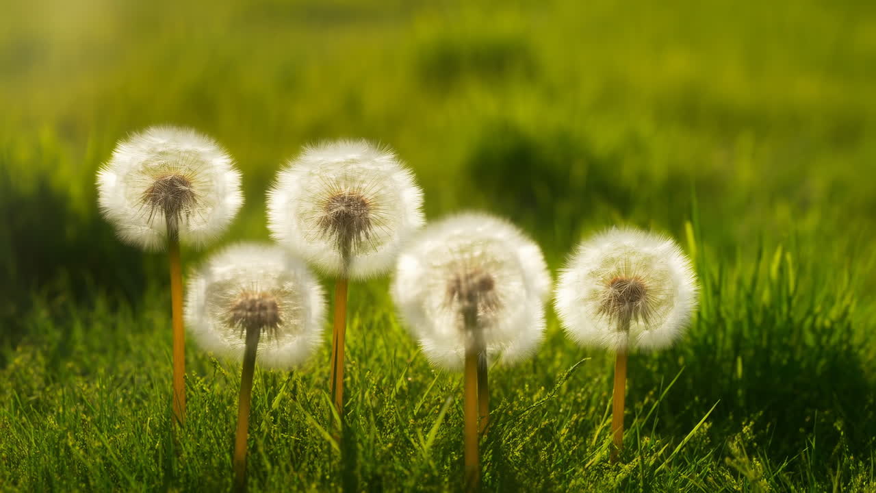 Dandelion Seedheads Sunlit Meadow Closeup, Warm Golden Light Illuminating Five Fluffy Puffballs Among Dew