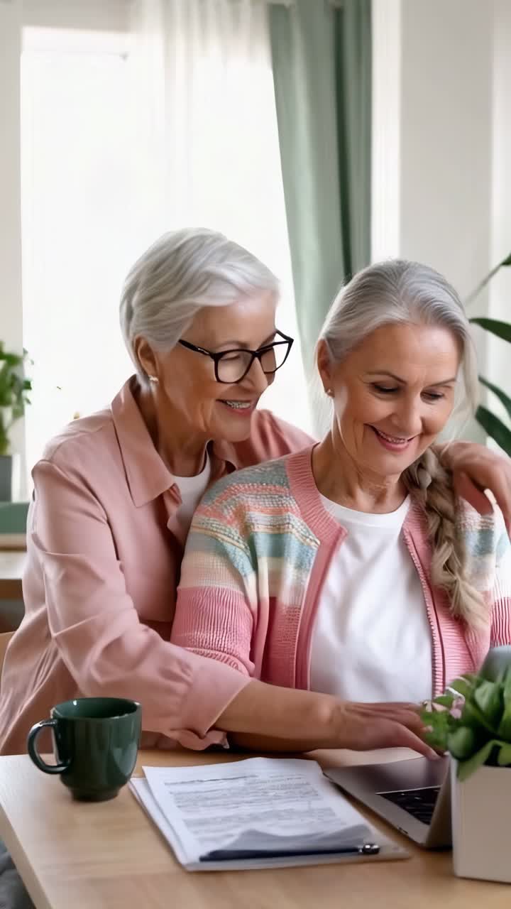 Older lesbian couple are sitting at a table with a laptop in the kitchen