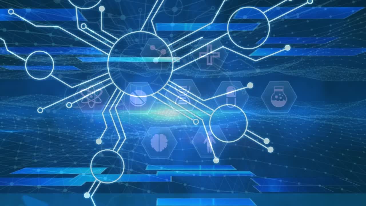 마이크로프로세서 연결의 디지털 애니메이션과 파란색 배경에 대한 여러 의료 아이콘