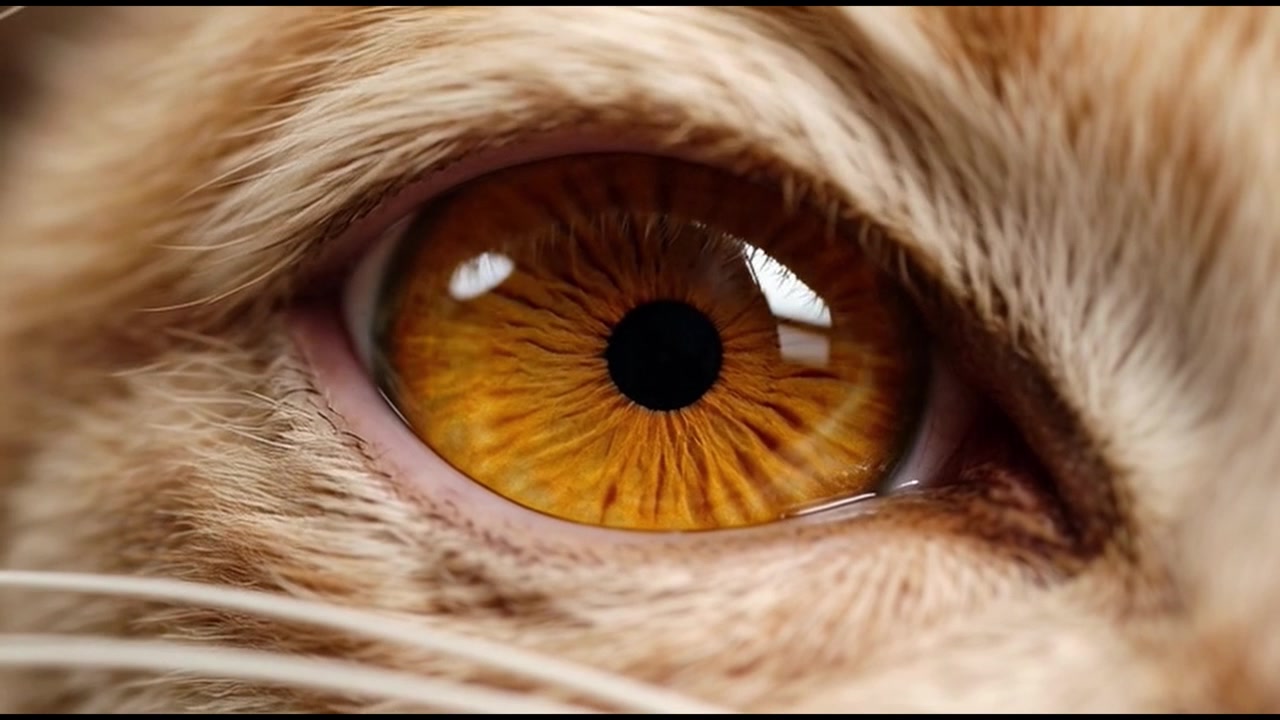Primissimo piano di un occhio di gatto arancione che sbatte le palpebre