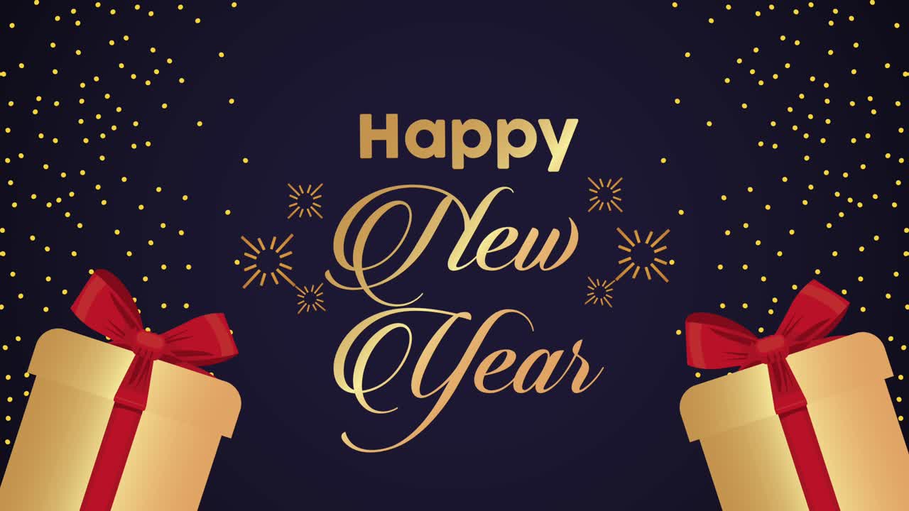 happy new year lettering card with golden gifts presents | freepik
