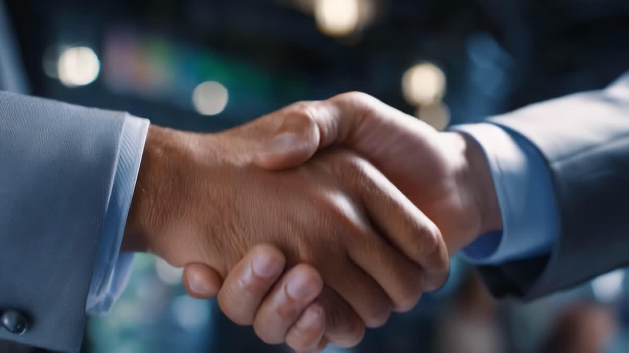 Profesionales del mundo empresarial estrechando sus manos en señal de acuerdo y colaboración en un entorno corporativo con compañeros de trabajo difuminados al fondo