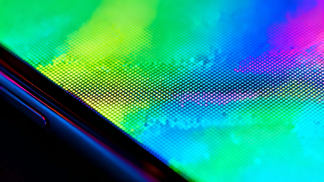Matrice di pixel di un dispositivo che luccica per sottili variazioni di colore in primo piano, con un pulsante sulla cornice.