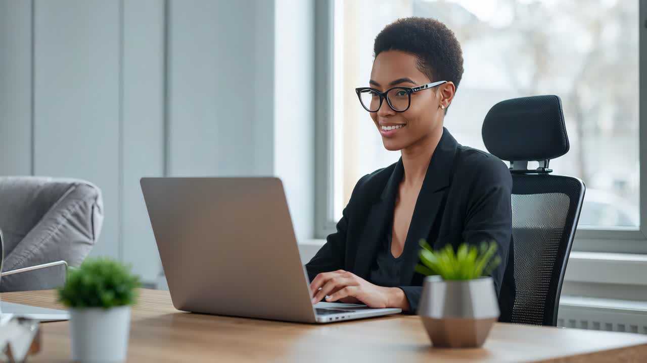 Professional Businesswoman Working on Laptop in Modern Office