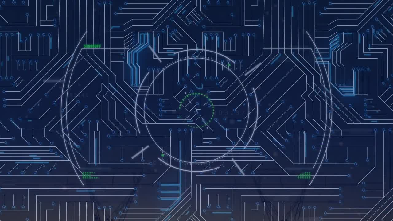 마이크로프로세서 연결에 대한 네온 사각형 위의 시작 텍스트의 디지털 애니메이션