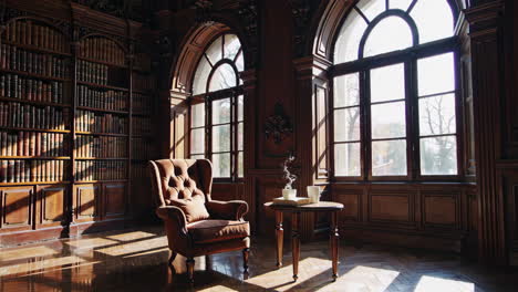 elegant wooden library with armchair and coffee table