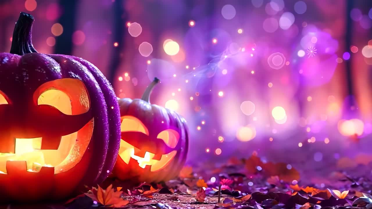 Due zucche con facce luminose su sfondo viola