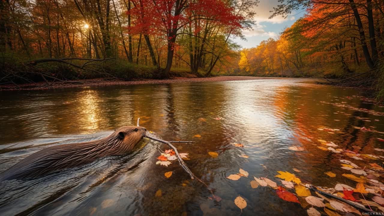 A Beavers' Journey Through Autumn: Captivating Scenes of Wildlife and Nature Amidst Vibrant Fall Colors Over a Stream