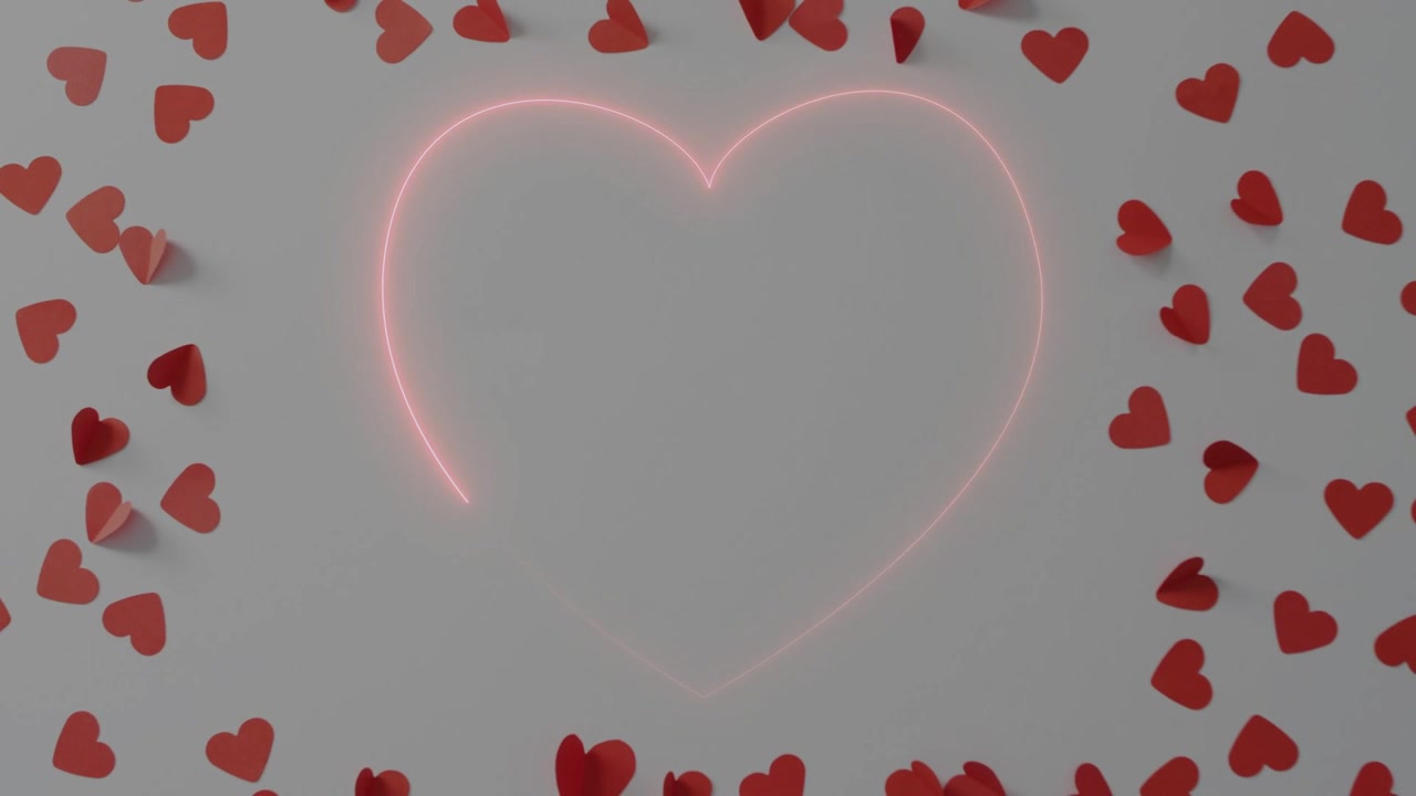 Tratto al neon che parte dall'angolo superiore sinistro, traccia il contorno di un cuore, formando un cuore al neon mentre cuori rossi fanno da cornice.