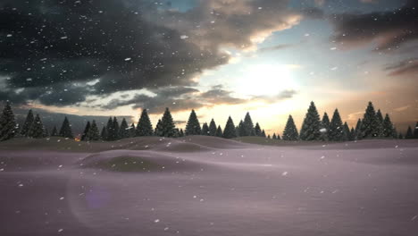 snow falling animation over winter landscape with pine trees and cloudy sky