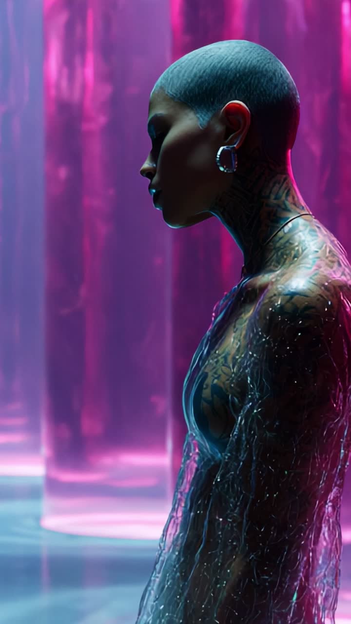 A captivating artistic transformation showcasing a person with intricate tattoos illuminated by vibrant lighting, highlighting their silhouette and unique, reflective textures