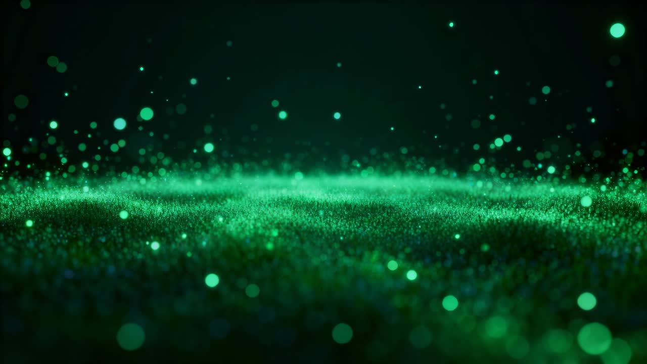 畫面外閃爍的燈光驅動著發光的綠色粒子山脊在黑暗渲染中升起，伴隨著明亮的散景效果。
