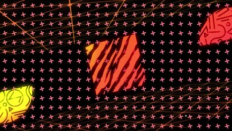 animación de formas coloridas contra el diseño de patrones abstractos contra un fondo negro.