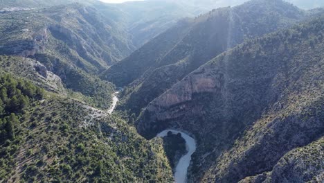 Drone-view-of-the-Barranco-del-Infierno-or-Cathedral-of-Hiking-in-the-Marina-Alta,-Alicante,-Spain