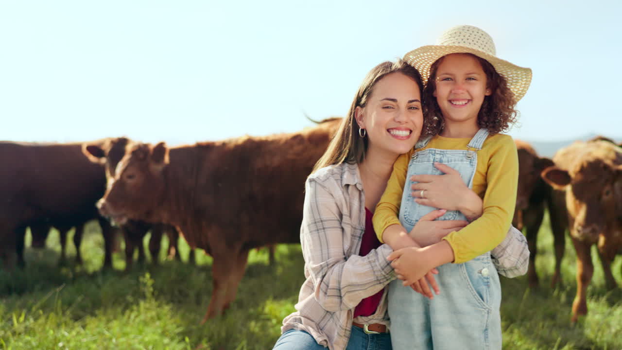 Farming, child and mother with kiss on a farm