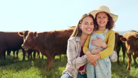 farming, child and mother with kiss on a farm