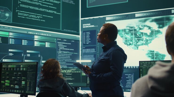 Governmental hackers working on computer network in high tech office