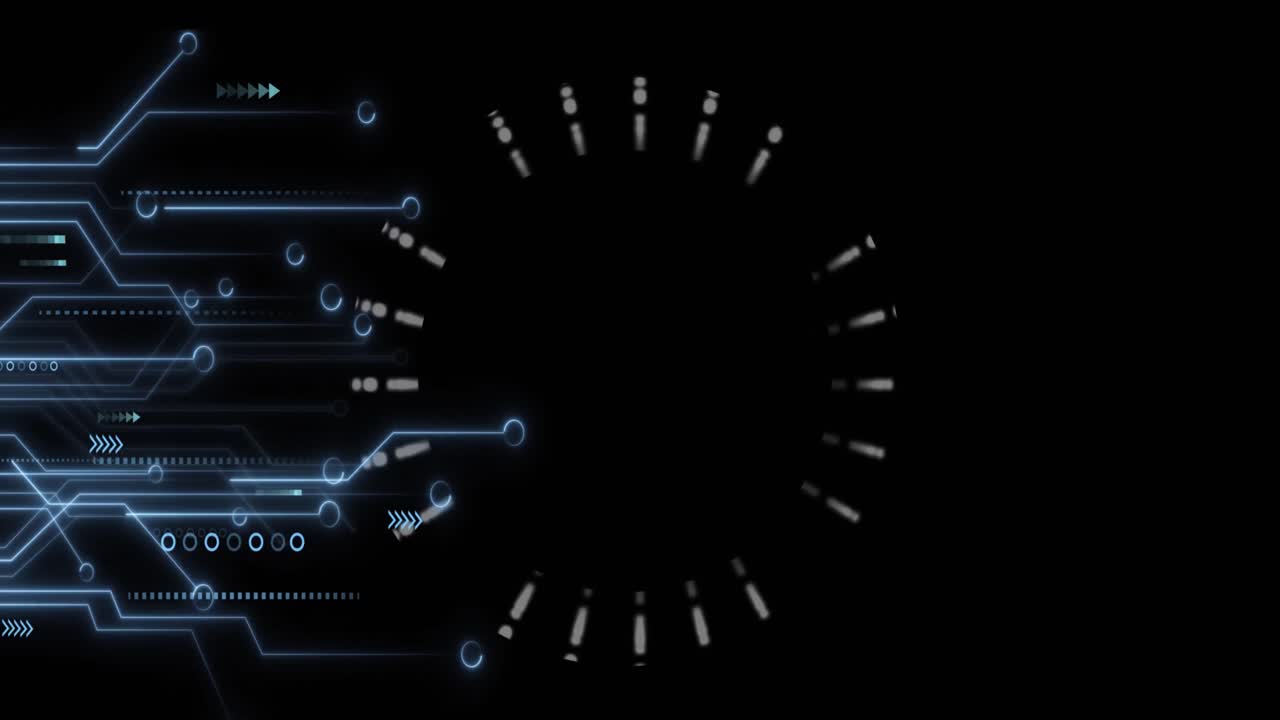 A ring of lights expands and contracts on a black background, while various computer circuitry eleme