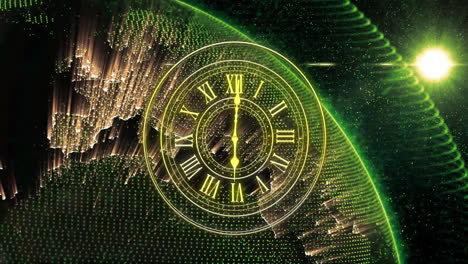 animation of glowing clock face with roman numerals over digital world map