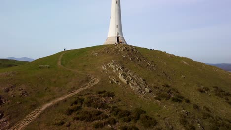 Drone-ascends-to-unveil-the-Sir-John-Barrow-Monument-atop-a-lush-hill,-framed-by-a-clear-blue-sky