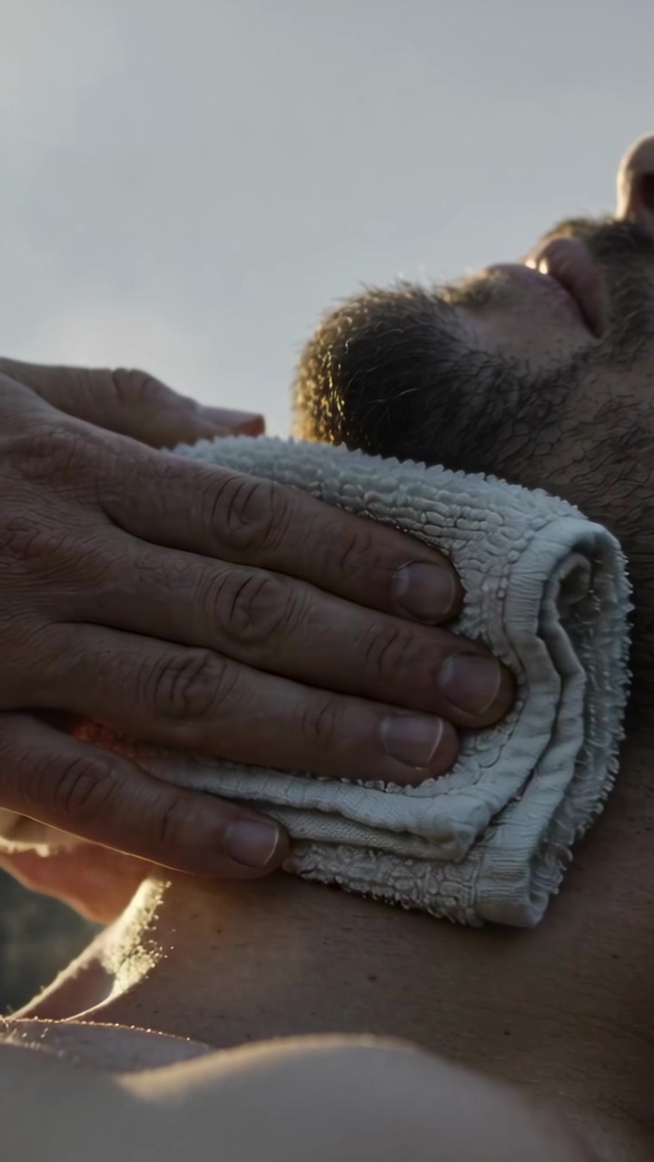 Video verticale: Una mano che posiziona un asciugamano piegato e pulisce la mascella e il collo di un uomo barbuto a torso nudo, in controluce.