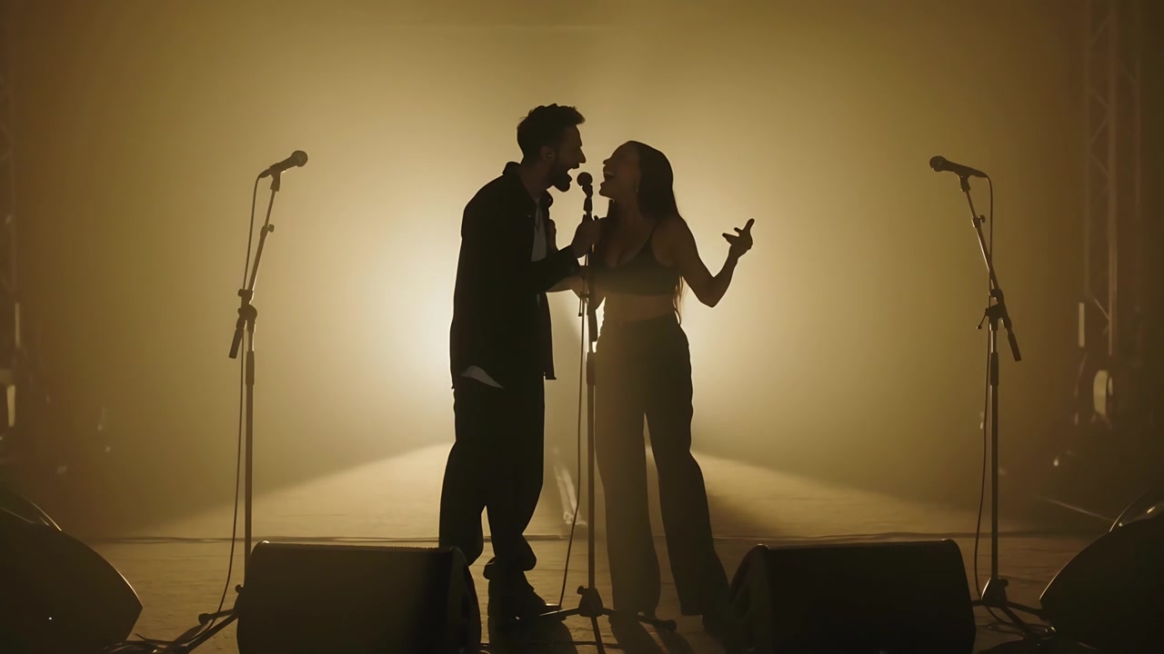 Uomo in giacca e donna in crop top che cantano, spostandosi verso il microfono centrale e poi verso i propri supporti microfonici, con foschia