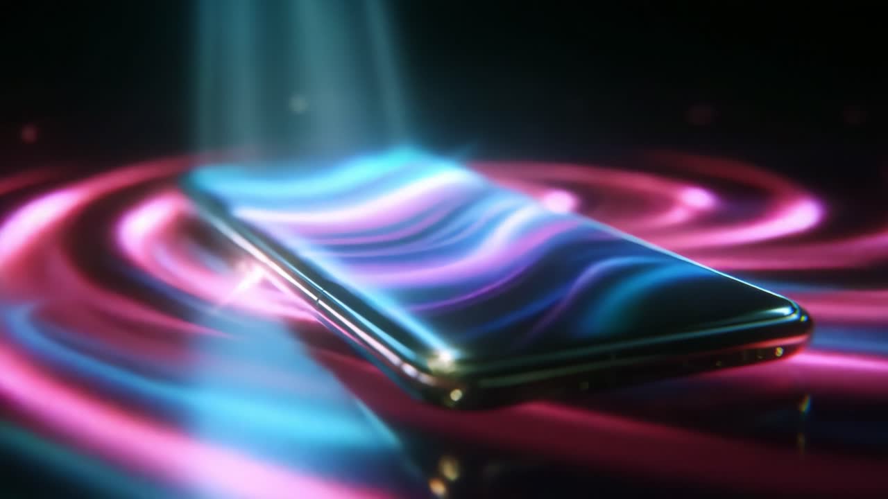 A visually captivating smartphone emits vibrant light waves in a dynamic swirl of colors, creating a mesmerizing aura that showcases the intersection of technology and artistic expression