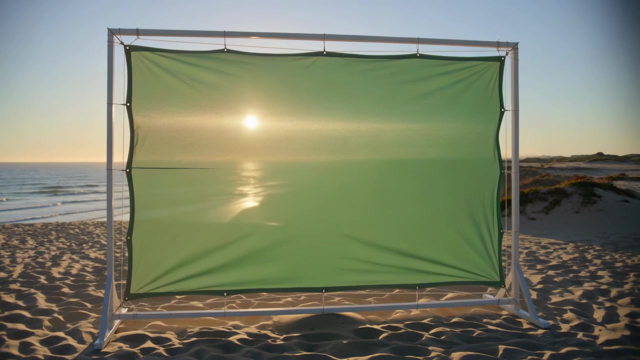 Tela de tecido se movendo em uma estrutura de metal mudando de laranja para verde em uma praia arenosa, com o sol se pondo atrás